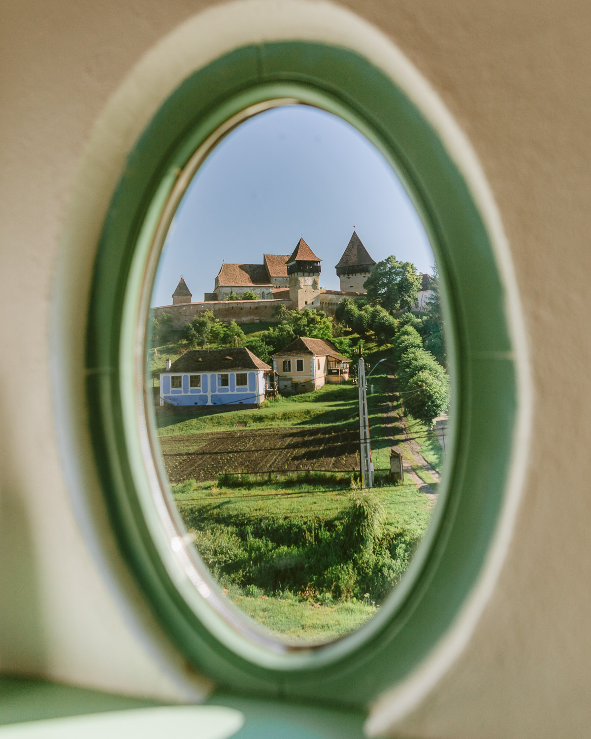 View of Alma Vii fortified church from Alma Calma
