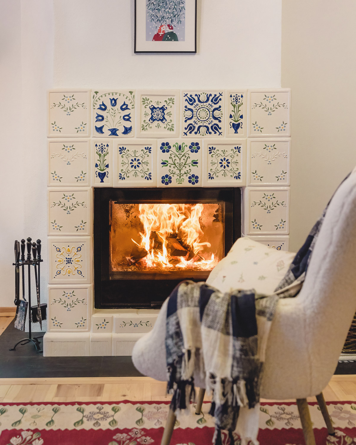 Ceramic tiled fireplace at Alma Calma