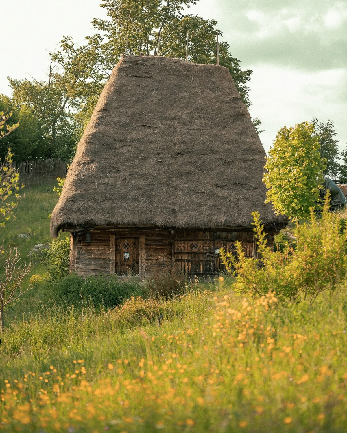 Traditional wooden cottage at Raven's Nest surrounded by wildflowers