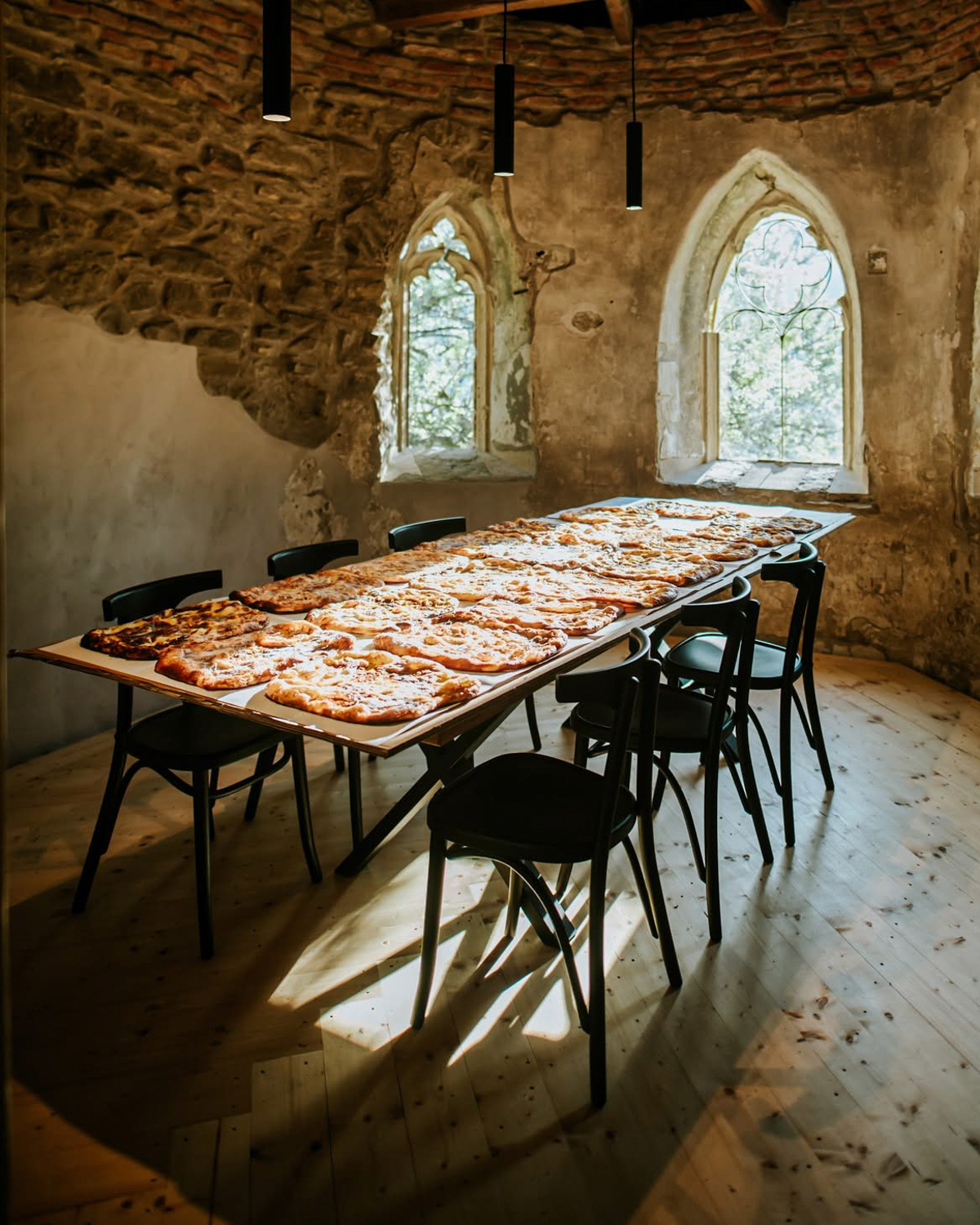 Dining table set inside a historic Transylvanian fortified church