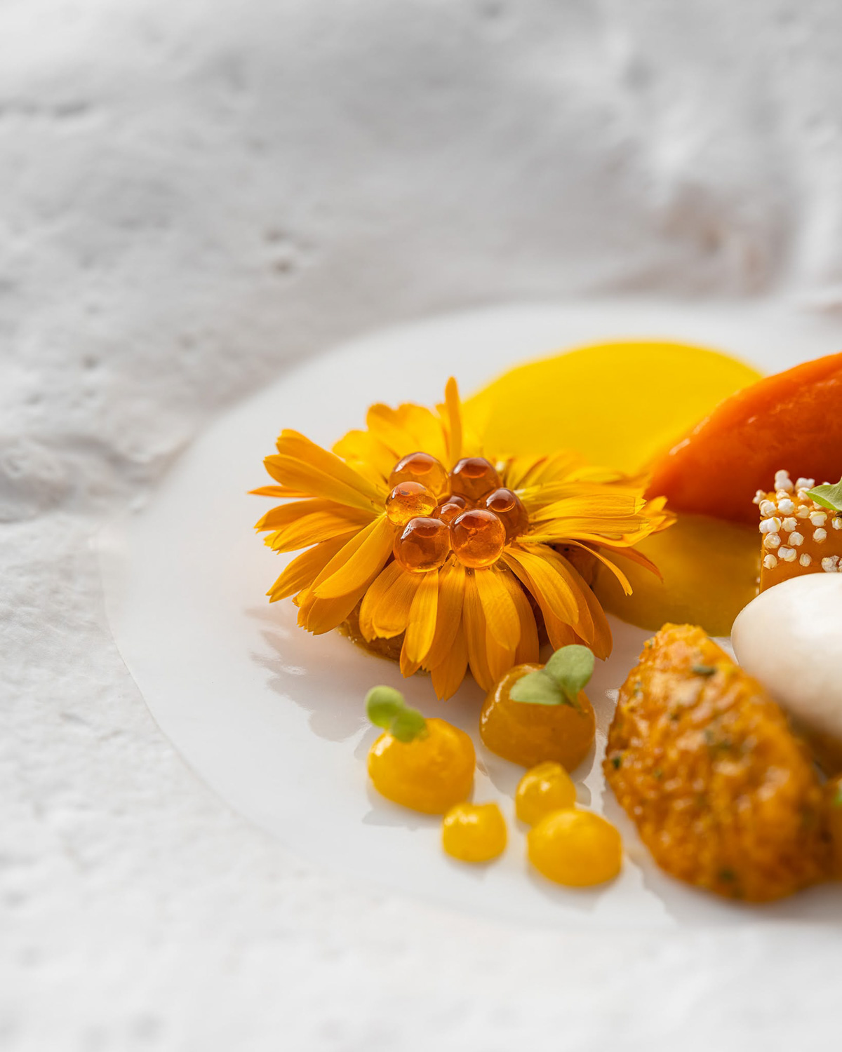 Seasonal fine dining dish with edible flowers