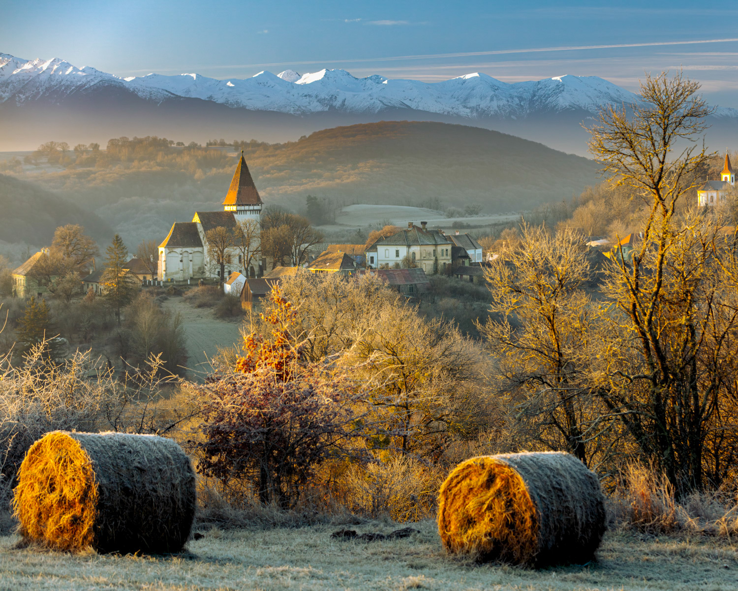 Fortified church in the Transylvanian countryside in autumn